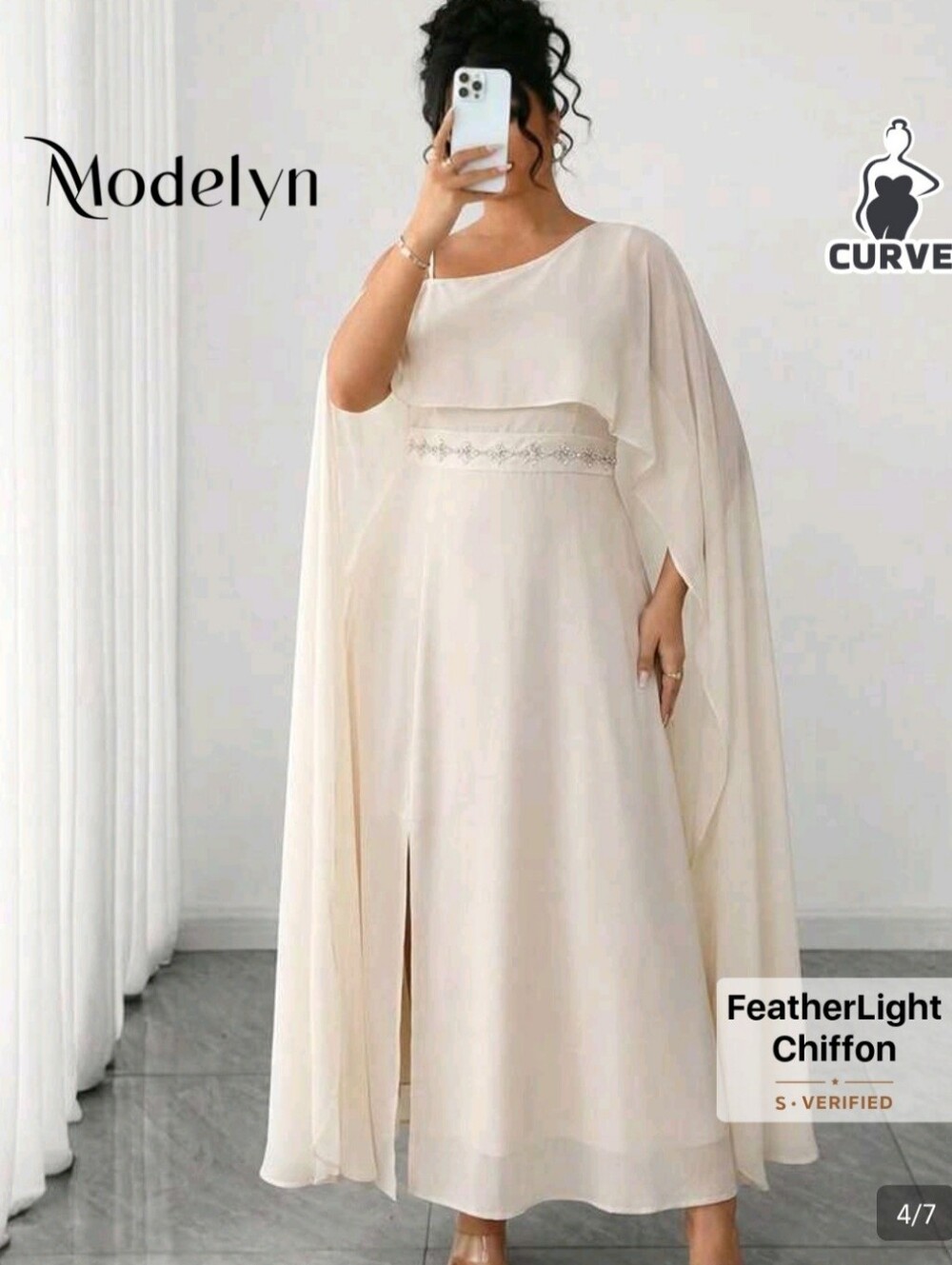 Curve Featherlight Chiffon Cream Evening Dress
